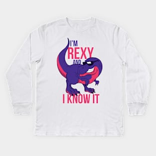 Cool dinosaur - illustration of a smiling t-rex wearing sunglasses “I’m rexy and I know it”. Trex lover gift Kids Long Sleeve T-Shirt